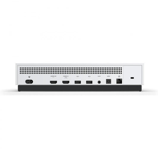 Rear view of a white Xbox One S gaming console showing HDMI ports, power input, USB ports, and ventilation grills