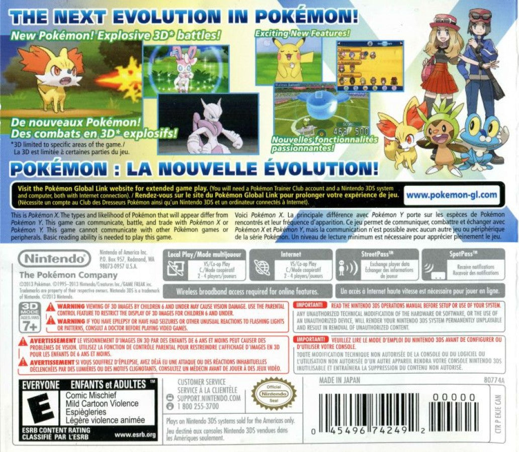 Pokemon: X back of case for Nintendo 3DS (3DS) video game
