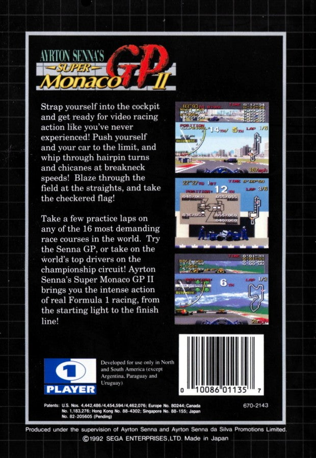 Super Monaco GP II Sega Genesis retro video game racing simulation back of case (1992)