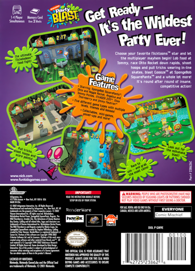 Nickelodeon Party Blast back of case for Nintendo GameCube (GC) party video game