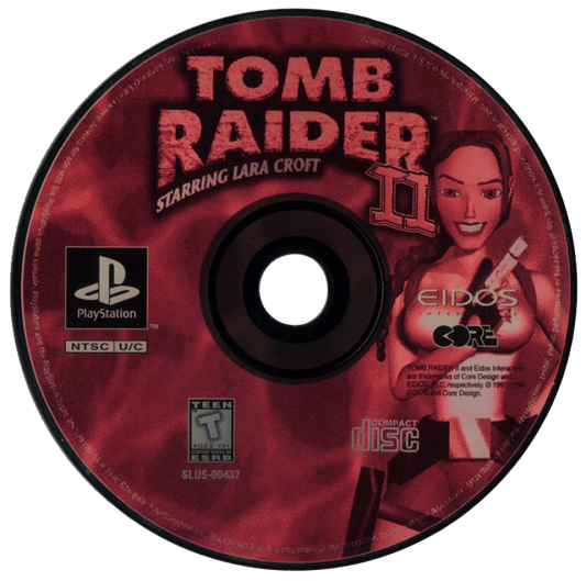 Tomb Raider II: Starring Lara Croft disc art for PlayStation 1 (PS1) video game, action adventure, exploration and puzzles, classic Lara Croft title