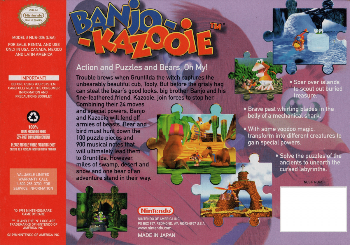 Banjo-Kazooie back cover art for Nintendo 64 (N64) video game