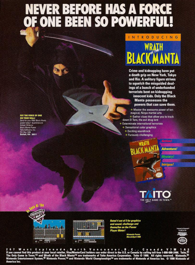 Wrath of the Black Manta advert for Nintendo Entertainment System (NES) retro video game