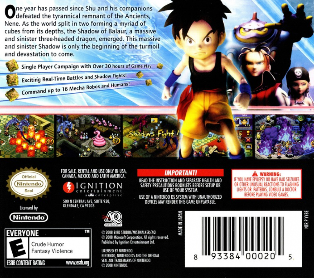 Blue Dragon Plus cartridge for the Nintendo DS featuring real time strategy RPG gameplay with shadow based combat customizable units and story driven missions in the Blue Dragon universe back cover