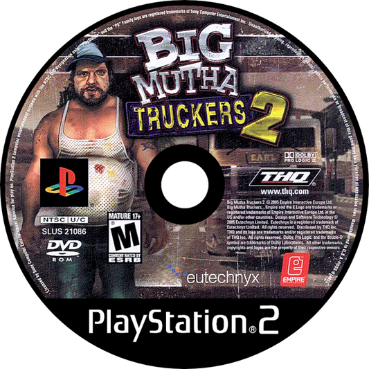Retro Big Mutha Truckers 2 PS2 inspired design featuring over the top trucking adventure aesthetic vintage PlayStation 2 southern humor chaotic highway races cargo hauling arcade driving gameplay outrageous characters nostalgic road trip action presentation - disc