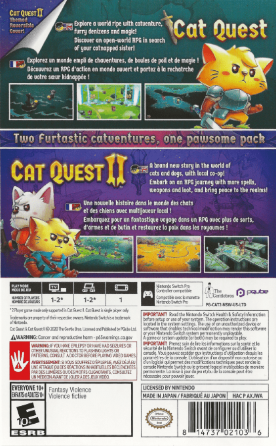 Cat Quest plus Cat Quest II Pawsome Pack back of box for Nintendo Switch NS video game