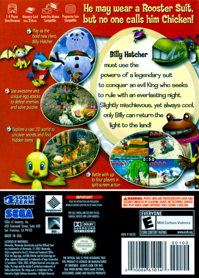 Billy Hatcher and the Giant Egg back of case for GameCube (GC) platformer action-adventure video game