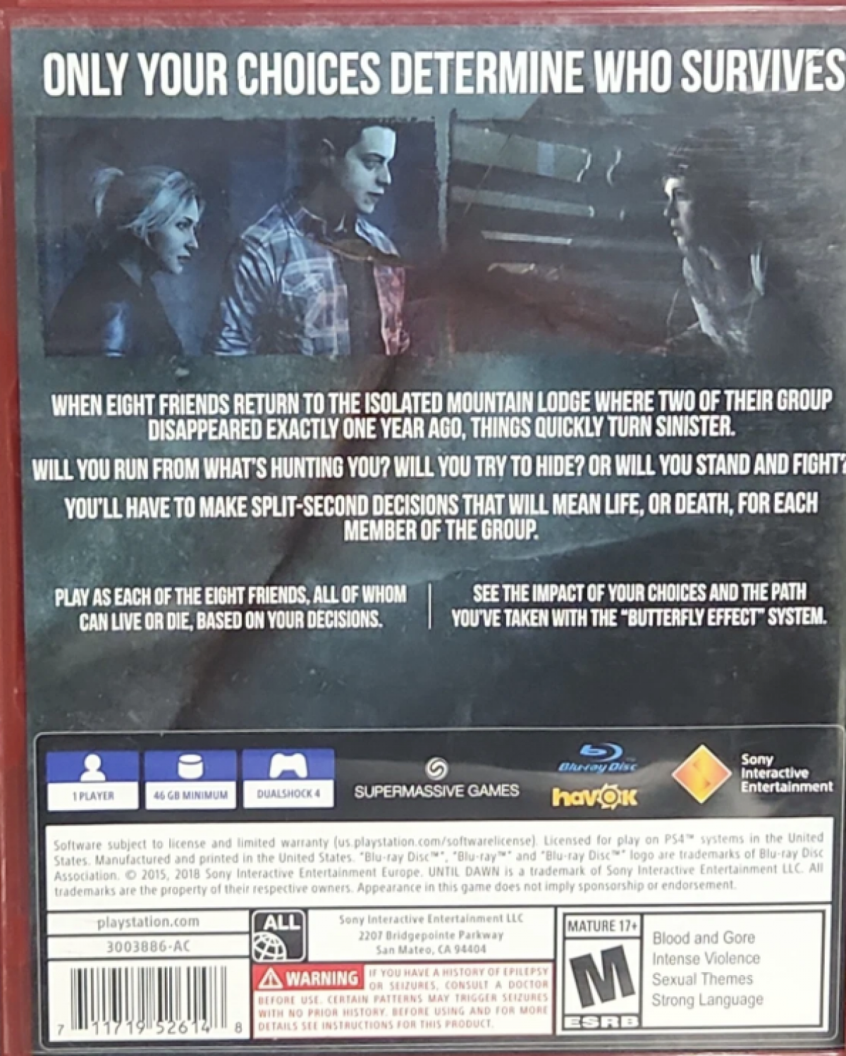 Until Dawn PlayStation Hits PS4 Sony PlayStation 4 interactive horror survival game cinematic story branching choices butterfly effect decision based gameplay teen slasher horror Supermassive Games narrative adventure multiple endings PlayStation 4 software video game title back cover art