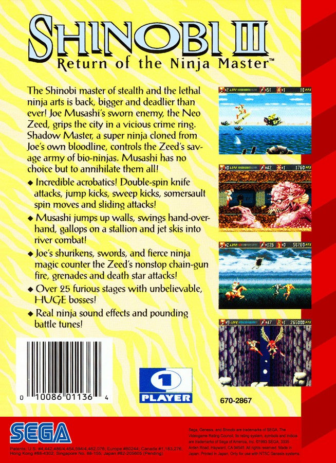 Shinobi III: Return of the Ninja Master back cover art for Sega Genesis (GEN) video game