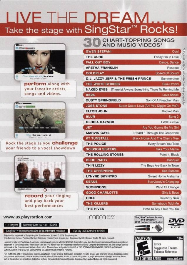 Singstar Rocks! cover art for PlayStation 2 (PS2) video game back of case, music rhythm game.