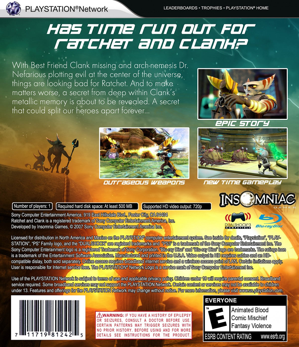 Ratchet and Clank A Crack in Time action adventure platformer video game featuring sci fi storytelling time manipulation space exploration classic Ratchet and Clank humor and acclaimed PlayStation franchise back cover art
