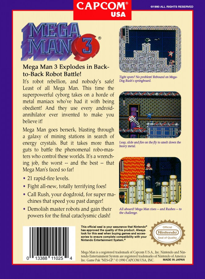 Mega Man 3 Nintendo Entertainment System NES video game featuring action platforming gameplay Mega Man robot battles enemy encounters weapon abilities boss fights challenging stages side scrolling action and classic 8 bit Capcom Nintendo gameplay retro video game collection collectible gaming appeal back cover art