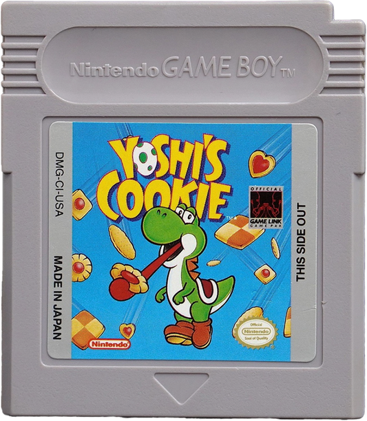 Yoshi’s Cookie Game Boy video game, puzzle gameplay, classic Nintendo character title, retro handheld console game cartridge art