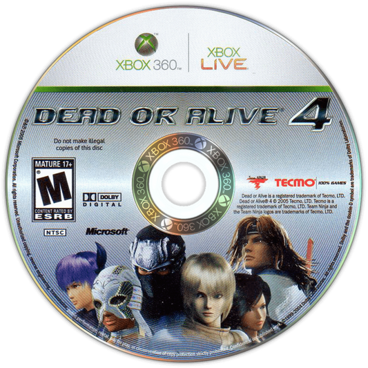 Dead or Alive 4 disc for Xbox 360 (X360) fighting video game