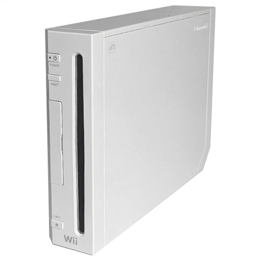 Front view of a white Nintendo Wii console standing vertically, showing the disc slot, power, reset, and eject buttons.