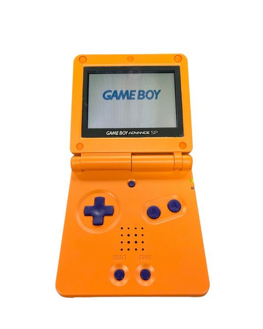 Game Boy Advance SP Naruto custom shell handheld gaming system featuring a custom Naruto themed shell design with a frontlit screen clamshell design rechargeable battery and compatibility with Game Boy Advance and Game Boy Color games