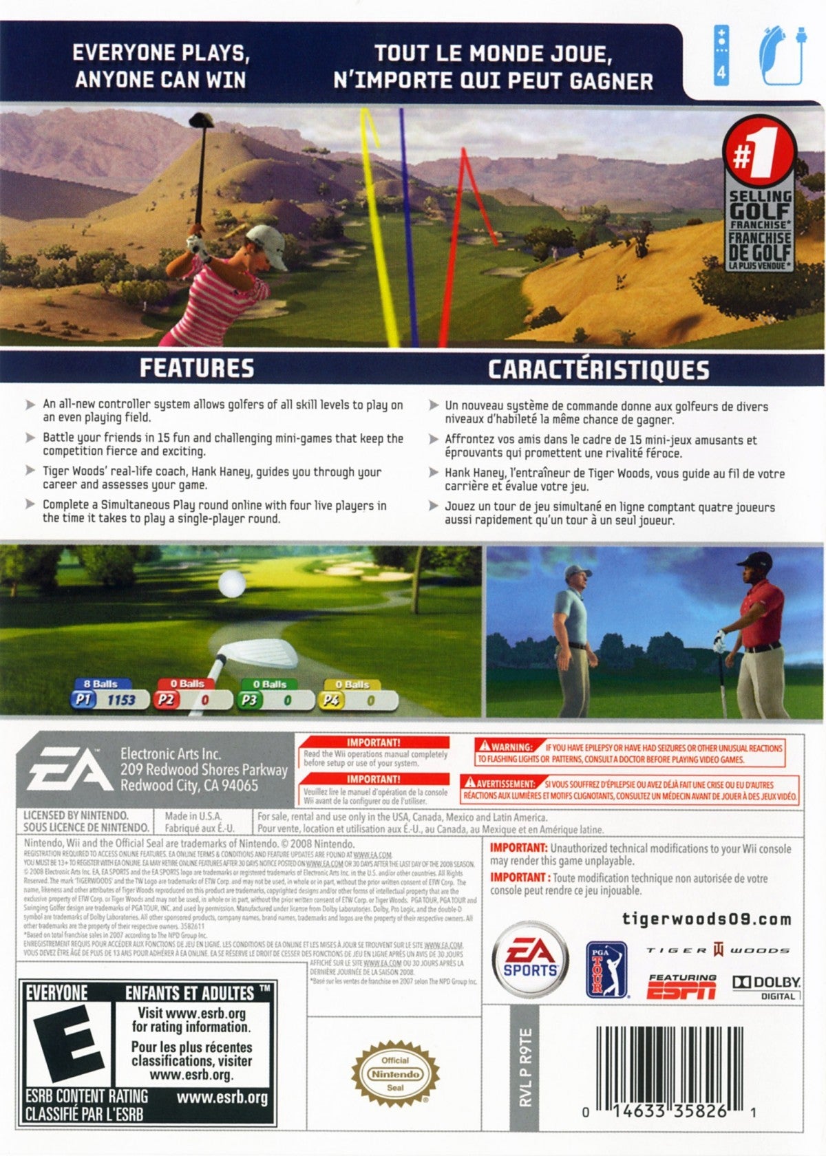 Tiger Woods PGA Tour 09 back cover art for Nintendo Wii (Wii) featuring motion‑controlled golf, authentic courses, and competitive play with PGA pros.
