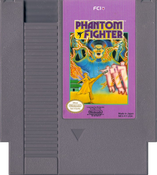 Phantom Fighter Nintendo Entertainment System NES video game featuring martial arts action gameplay ghost hunting combat supernatural enemies challenging levels side scrolling fighting action and classic 8 bit gameplay retro video game collection collectible gaming appeal game cartridge