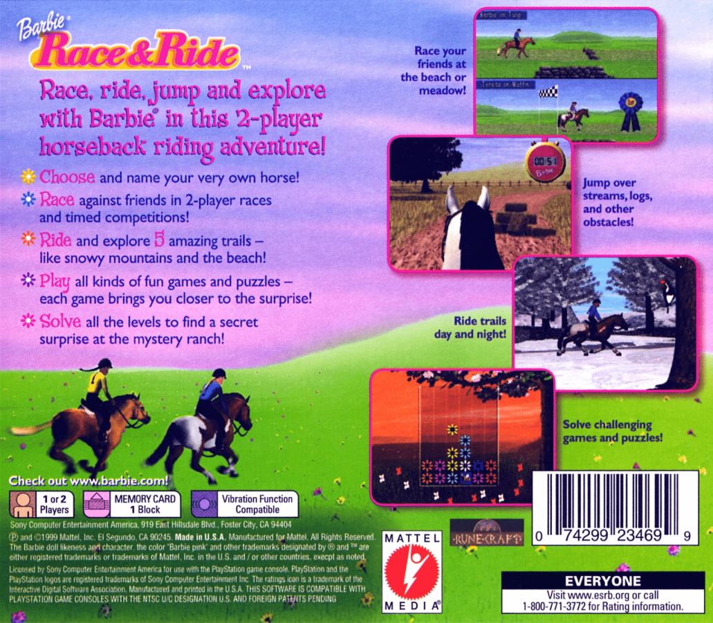 Barbie Race and Ride back of case for PlayStation 1 PS1 retro video game