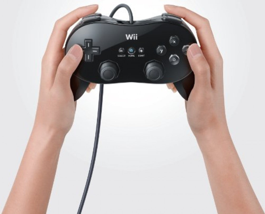 Official Nintendo black Wii Classic Pro controller featuring dual analog sticks, action buttons, shoulder buttons, and ergonomic design for Wii gaming