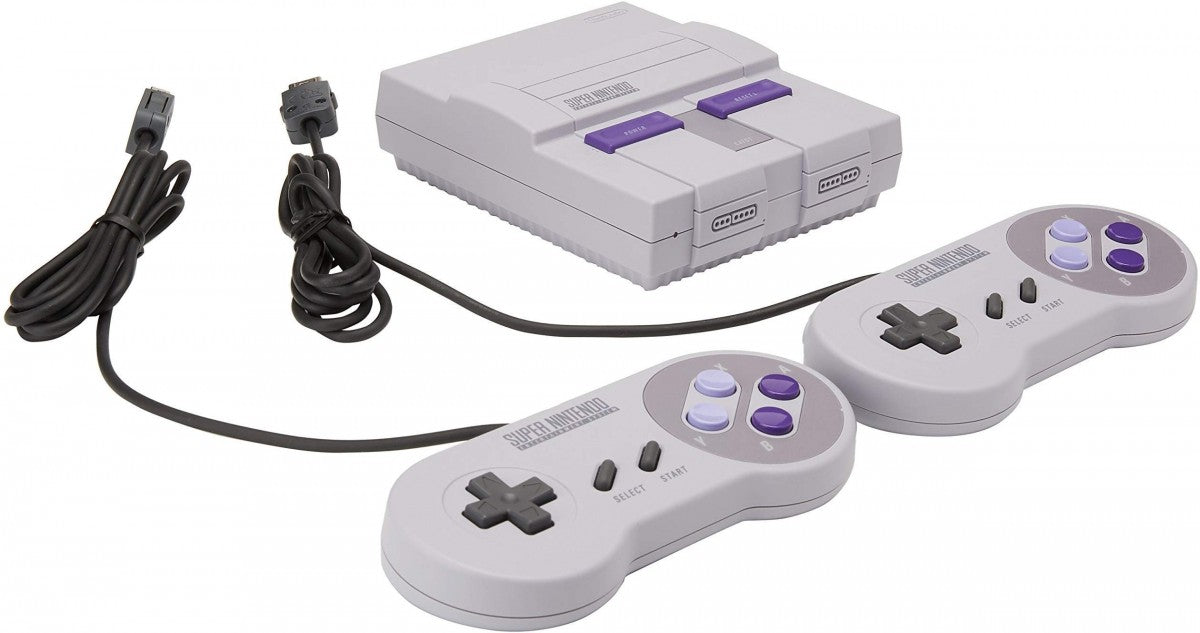 Front view of the Super Nintendo Entertainment System (SNES) Mini console with compact gray design, purple power and reset buttons, and two controller ports.