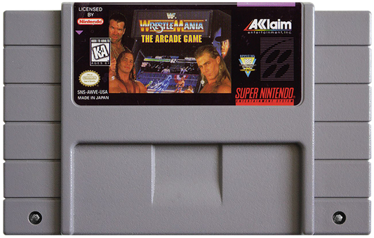 WWF WrestleMania The Arcade Game for Super Nintendo arcade style wrestling fighting game featuring WWF superstars exaggerated moves combos and versus battles cartridge