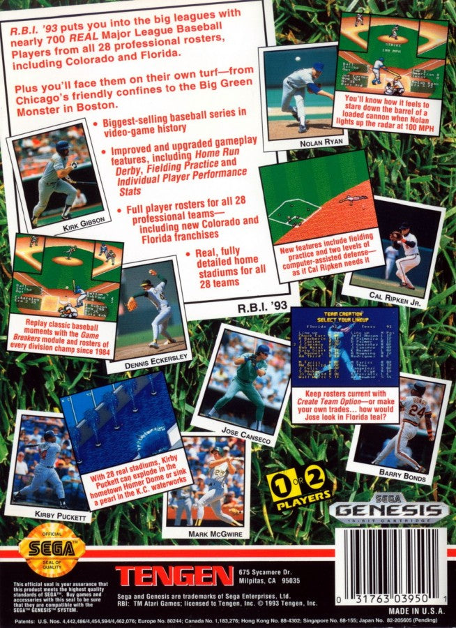 RBI Baseball 93 back cover art for Sega Genesis (GEN) video game