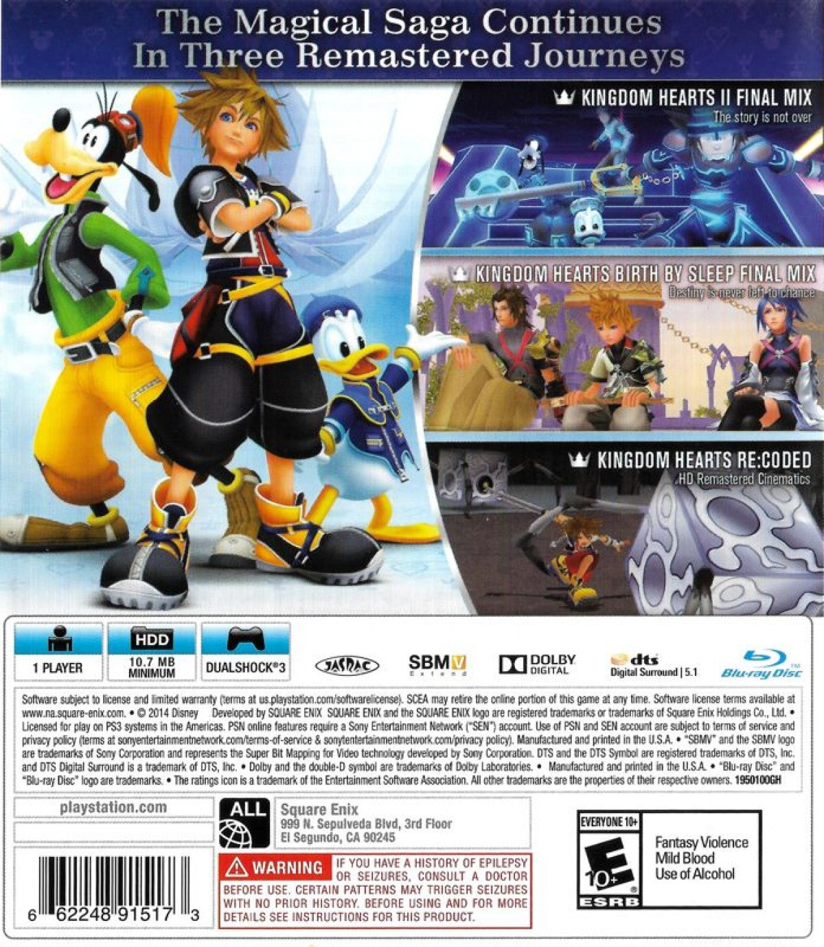 Kingdom Hearts HD 2.5 Remix Greatest Hits back cover art for PlayStation 3 collection game