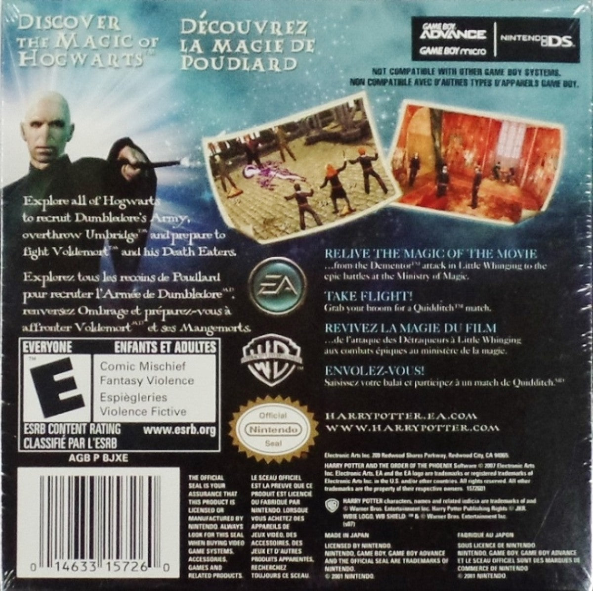 Harry Potter and the Order of the Phoenix for Game Boy Advance, back of case for an action-adventure video game with spell casting, exploration, mission-based gameplay, and wizarding world storyline