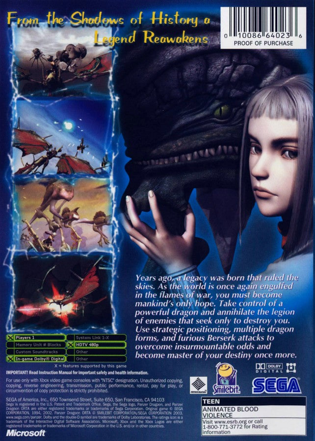 Panzer Dragoon Orta retro Xbox video game Panzer Dragoon Orta rail shooter dragon combat sci fi aerial shooter on rails boss battles fast paced arcade style gameplay console title Xbox release back of case