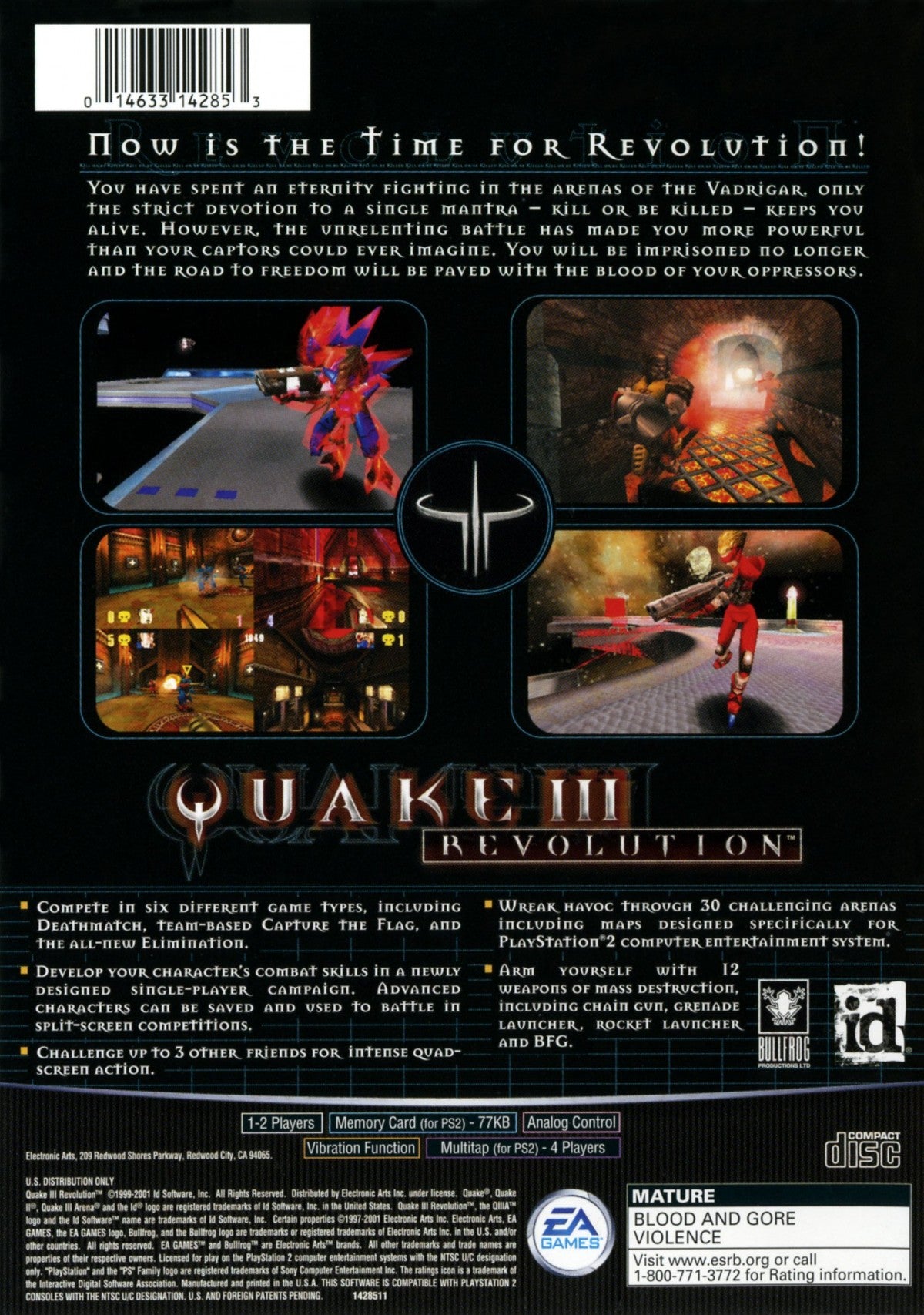 Quake III Revolution PS2 Sony PlayStation 2 first person shooter FPS arena combat multiplayer deathmatch fast paced shooting id Software port rocket jumping sci fi weapons retro gaming PlayStation 2 software video game title back cover art