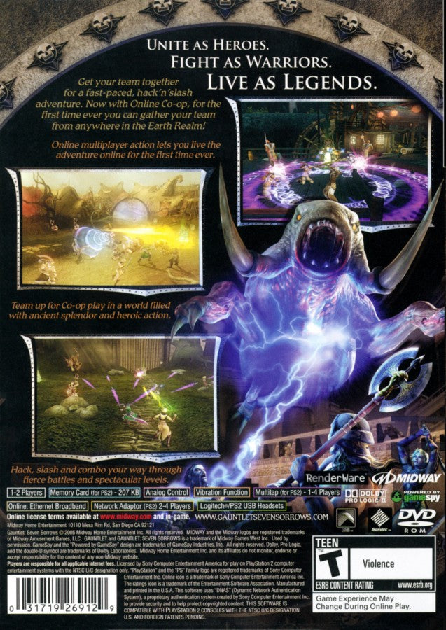 Gauntlet: Seven Sorrows back of case for PlayStation 2 (PS2) dark fantasy action RPG hack-and-slash video game