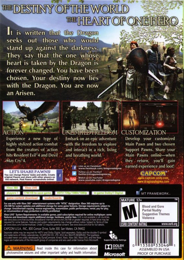 Dragon's Dogma: Dark Arisen back of case for Xbox 360 (X360) action role-playing video game
