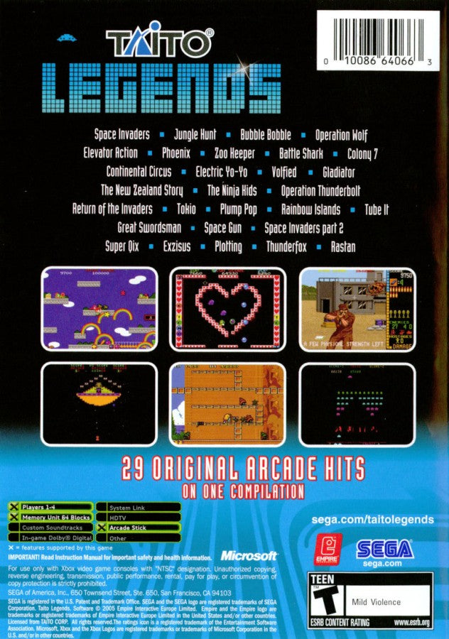 Taito Legends for Xbox featuring a classic arcade compilation with iconic titles like Space Invaders Bubble Bobble and Rastan retro gameplay multiple arcade hits on one disc and nostalgic multiplayer fun for fans of vintage gaming back cover