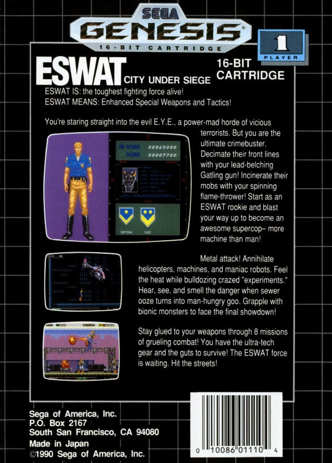 ESWAT City Under Siege Sega Genesis GEN for retro video game enthusiasts featuring side scrolling action platforming gameplay futuristic law enforcement missions cybernetic armor upgrades intense shooting combat sci fi adventure and collectible gaming appeal back art
