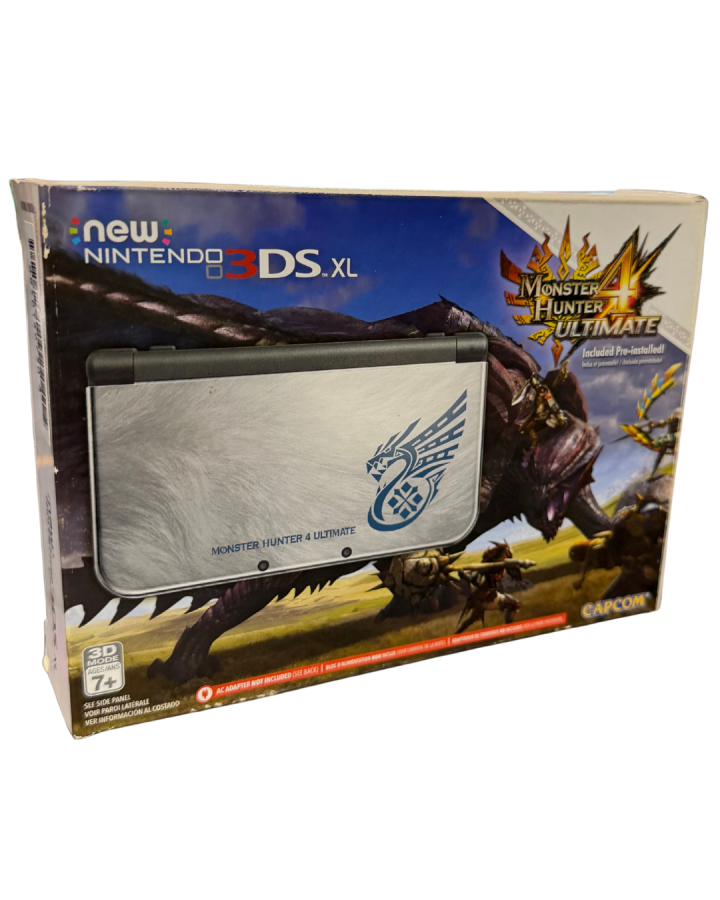 Monster Hunter 4 Limited Edition New Nintendo 3DS XL complete in box featuring exclusive silver design with embossed monster artwork