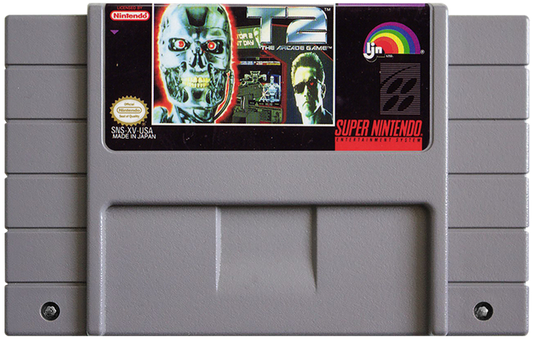 T2 The Arcade Game Super Nintendo Entertainment System SNES video game featuring light gun shooting gameplay Terminator 2 action arcade shooting enemy targets rapid fire combat machine battles challenging stages and classic 16 bit Nintendo arcade gameplay retro video game collection collectible gaming appeal game cartridge