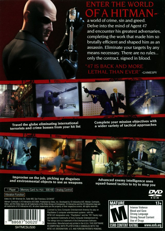 Hitman: Contracts back cover art for Playstation 2 (PS2) video game