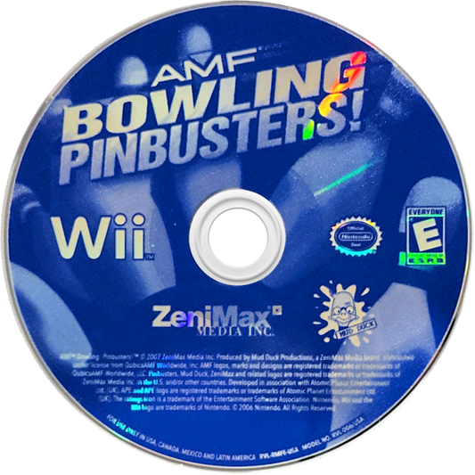 AMF Bowling Pinbusters Wii inspired design featuring arcade bowling sports gameplay aesthetic motion controlled lane action colorful characters family friendly competition multiplayer party fun casual Nintendo Wii entertainment presentation disc