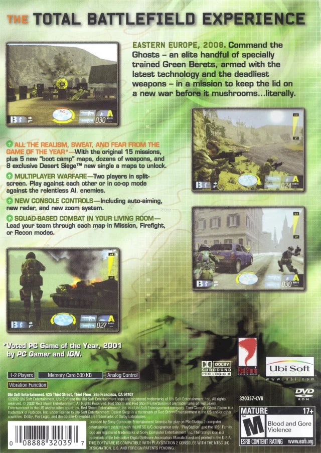 Tom Clancy's Ghost Recon Jungle Storm Greatest Hits PlayStation 2 PS2 for tactical military shooter video game fans featuring elite special forces missions stealth based combat squad commands realistic weapons jungle environments strategic planning multiplayer battles immersive military operations collectible gaming appeal back cover art