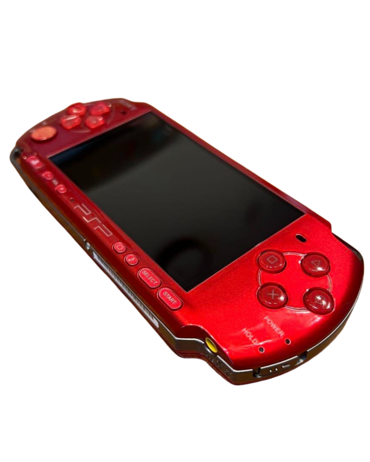 PlayStation Portable PSP 3000 Carnival Red JP import, handheld Sony gaming console, portable gaming system, Japanese region model bottom left corner shot