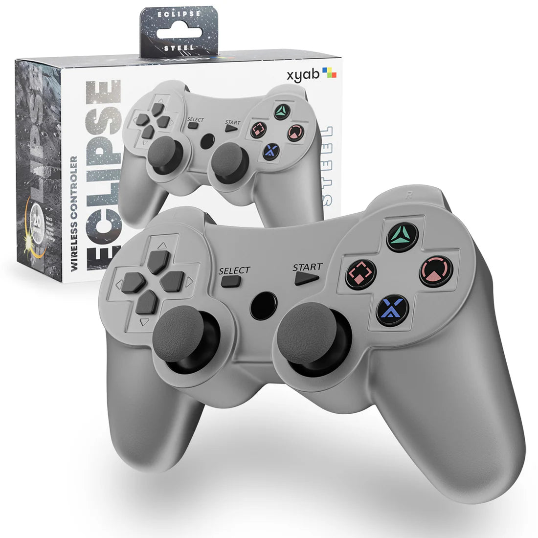 XYAB brand 1-to-1 third-party wireless controller for PlayStation 3 in gray featuring analog sticks, action buttons, shoulder buttons, and ergonomic design