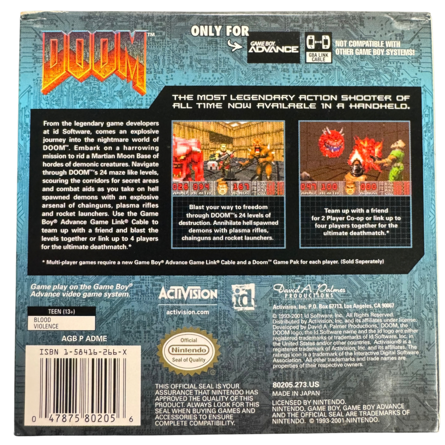 Doom CIB Nintendo Game Boy Advance GBA video game featuring classic first person shooter gameplay demon combat weapons action packed levels Mars exploration intense enemy encounters and retro shooting action complete in box CIB edition Game Boy Advance collection collectible gaming appeal box back