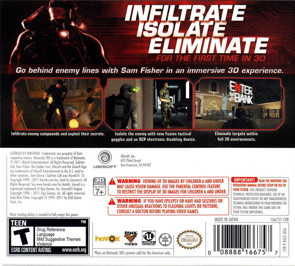 Tom Clancys Splinter Cell 3D Nintendo 3DS video game featuring stealth action gameplay tactical espionage missions Sam Fisher covert operations and Ubisoft handheld adaptation with immersive 3D visuals back coer