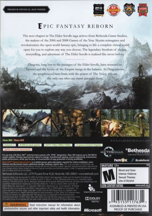 The Elder Scrolls V: Skyrim back of case for Xbox 360 (X360) open-world fantasy role-playing video game
