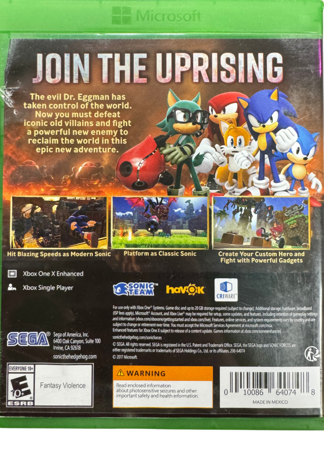 Sonic Forces Xbox One XONE video game featuring fast paced action platforming gameplay Sonic the Hedgehog character adventure Dr Eggman villain battles Infinite enemy encounters high speed running classic Sonic stages modern Sonic gameplay custom hero creation Wispon weapons colorful environments and challenging platform levels retro video game collection collectible gaming appealback cover art