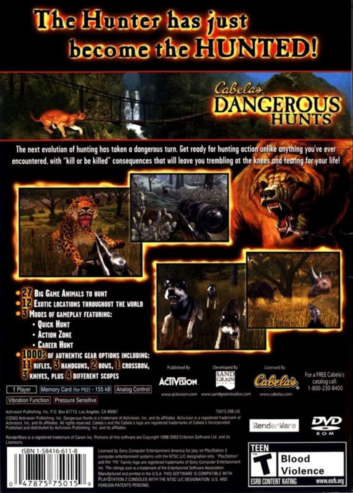 Cabela’s Dangerous Hunts for PlayStation 2 with extreme hunting and wilderness survival theme back cover art