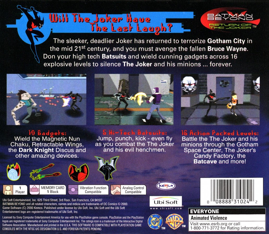 Batman Beyond PlayStation PS1 for action adventure video game fans featuring futuristic superhero combat crime fighting missions Gotham City exploration powerful gadgets fast paced battles based on the animated series platforming action classic PlayStation gameplay collectible gaming appeal back cover art