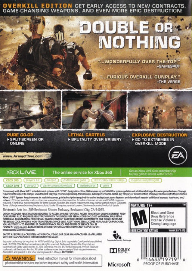 Army of Two The Devil's Cartel Xbox 360 inspired design featuring cooperative third person shooter aesthetic intense cartel warfare tactical teamwork explosive firefights customizable weapons action packed missions cinematic military combat presentation back art