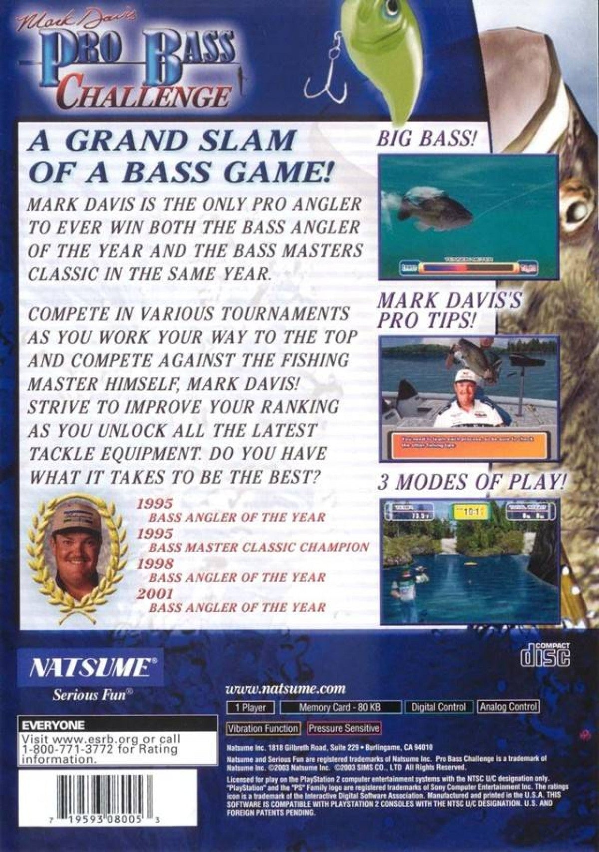 Mark Davis Pro Bass Challenge back cover art for PlayStation 2 (PS2) video game